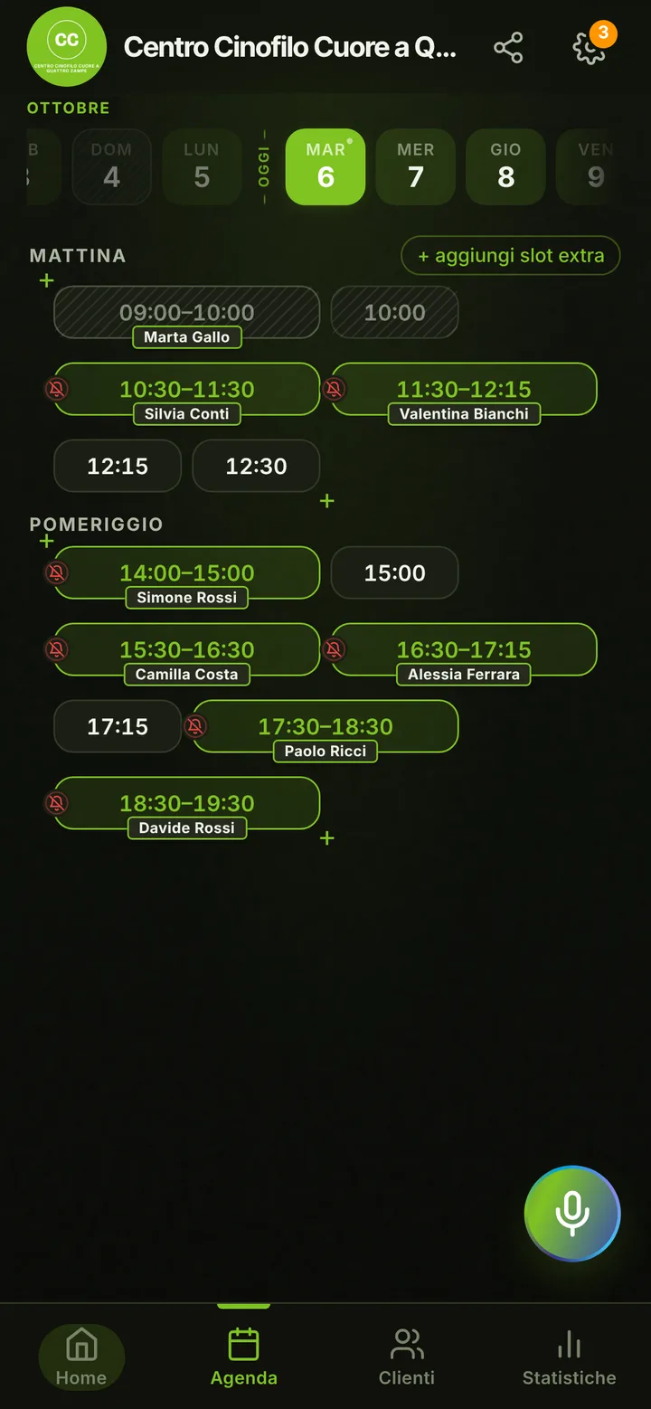 The day’s calendar at Centro Cinofilo Cuore a Quattro Zampe, with booked and free slots