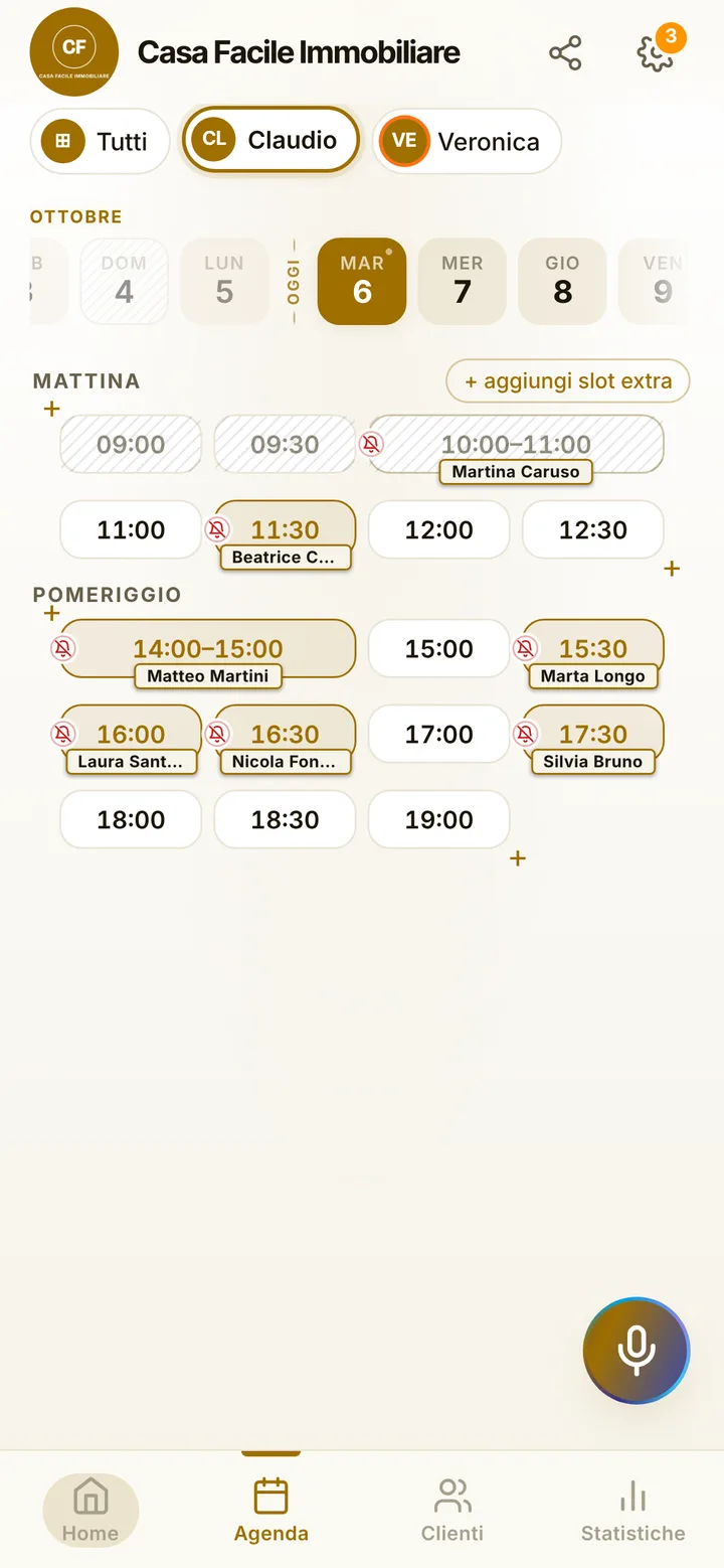 The day’s calendar at Casa Facile Immobiliare, with booked and free slots