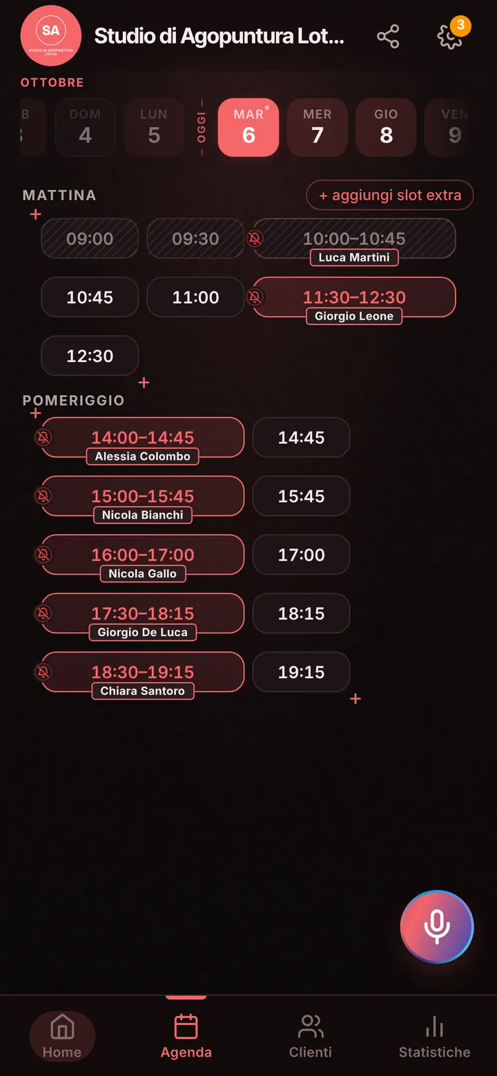 L’agenda del giorno di Studio di Agopuntura Lotus, con gli orari occupati e quelli liberi