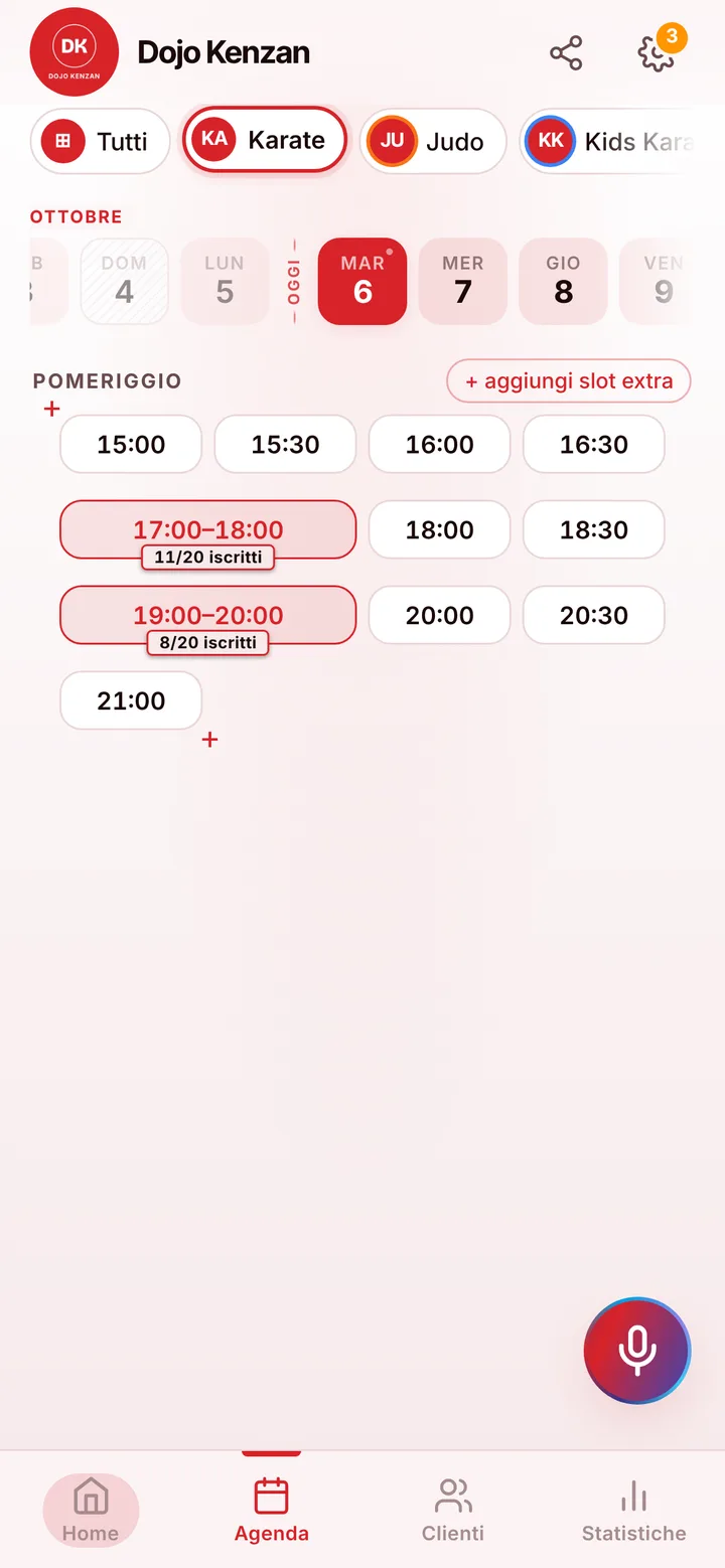 L’agenda del giorno di Dojo Kenzan, con gli orari occupati e quelli liberi