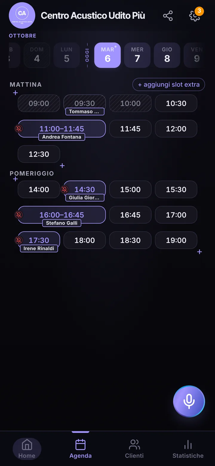 The day’s calendar at Centro Acustico Udito Più, with booked and free slots