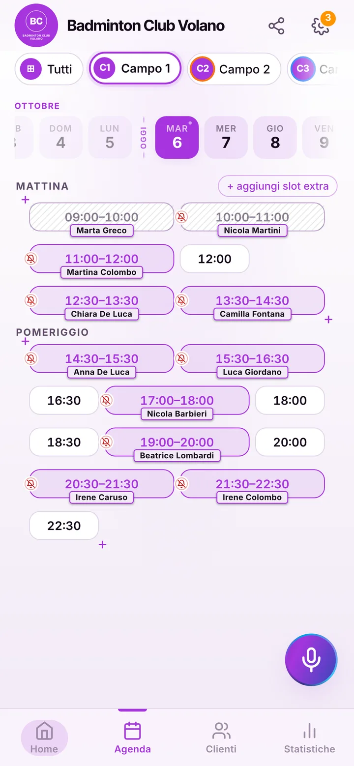 The day’s calendar at Badminton Club Volano, with booked and free slots