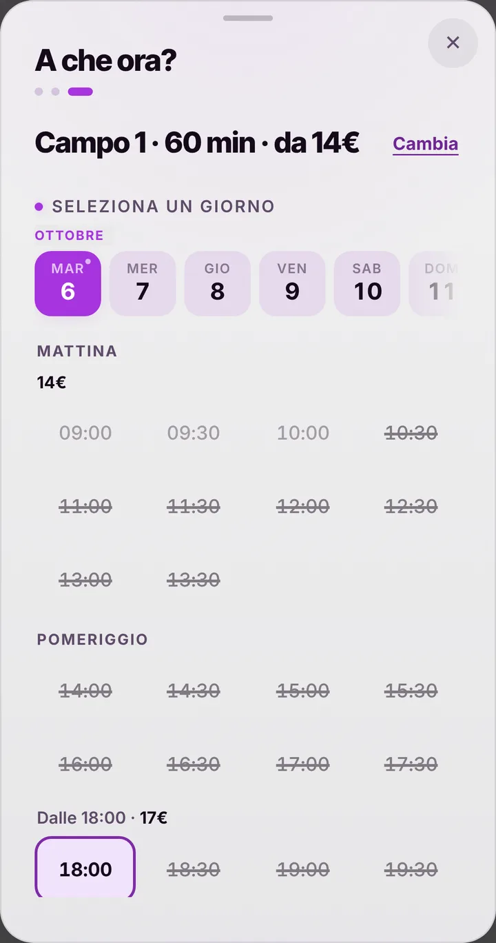 The free slots of the day at Badminton Club Volano