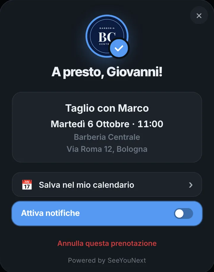 La conferma della prenotazione con servizio, giorno, ora e indirizzo