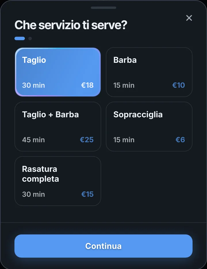 La scelta del servizio, con durata e prezzo