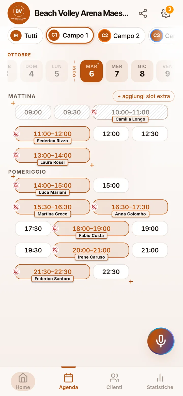 The day’s calendar at Beach Volley Arena Maestrale, with booked and free slots