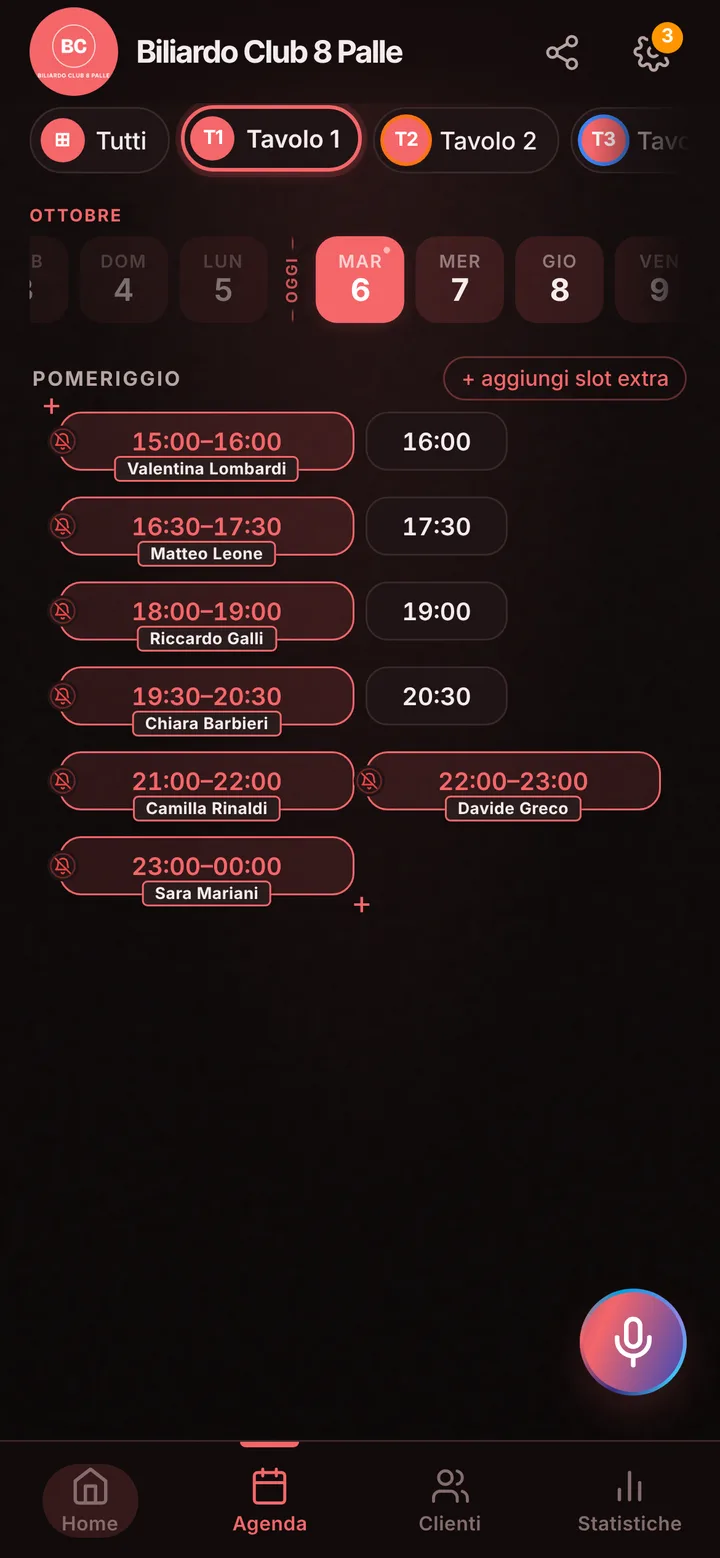 The day’s calendar at Biliardo Club 8 Palle, with booked and free slots
