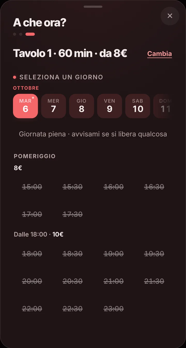 The free slots of the day at Biliardo Club 8 Palle