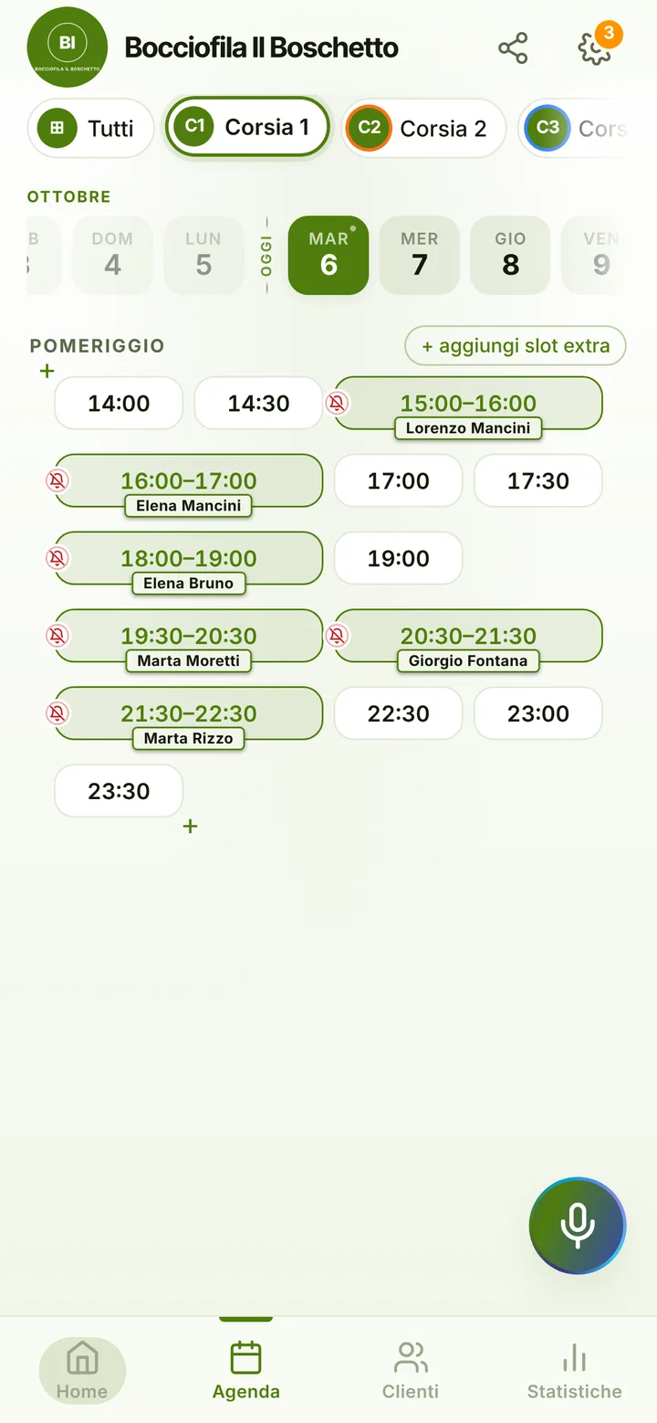 The day’s calendar at Bocciofila Il Boschetto, with booked and free slots