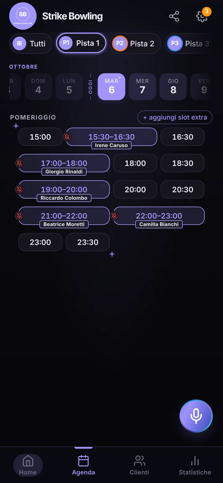 The day’s calendar at Strike Bowling, with booked and free slots