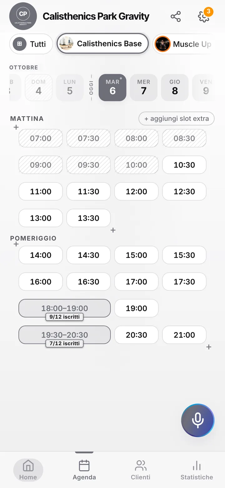 The day’s calendar at Calisthenics Park Gravity, with booked and free slots