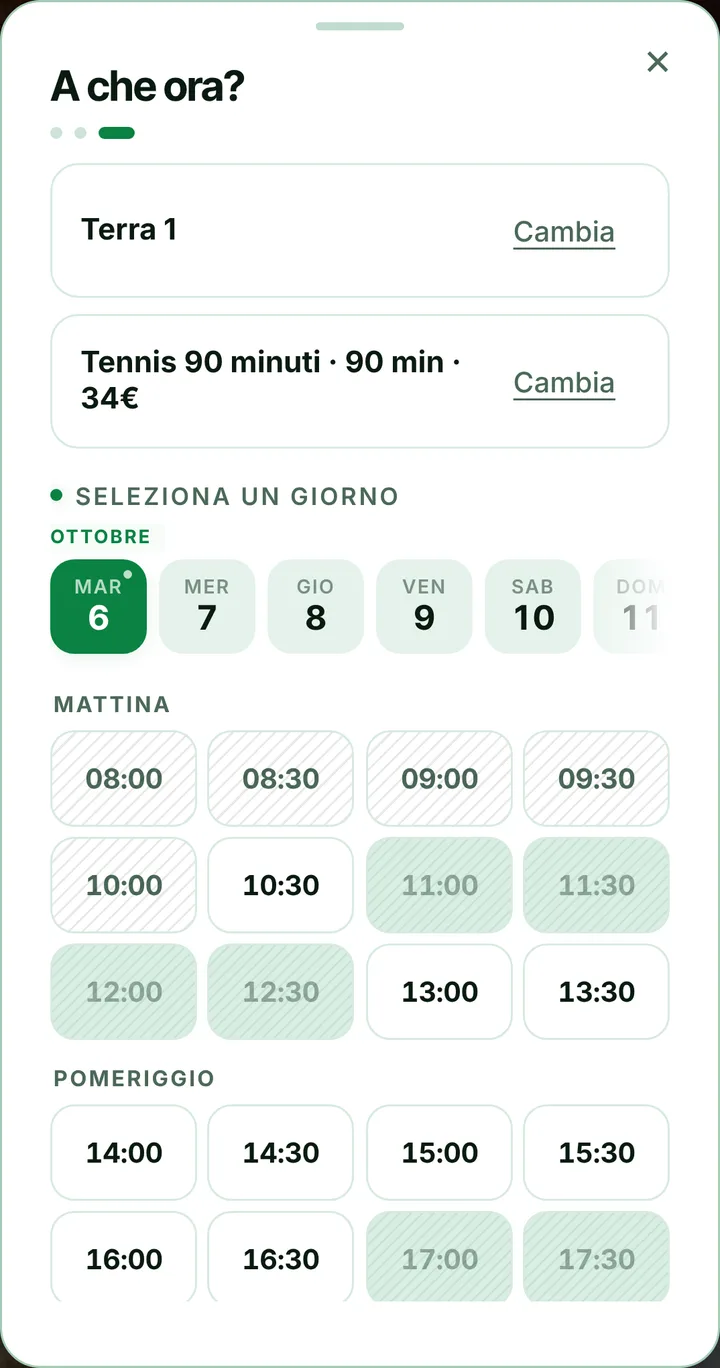 Gli orari liberi del giorno sulla pagina di prenotazione