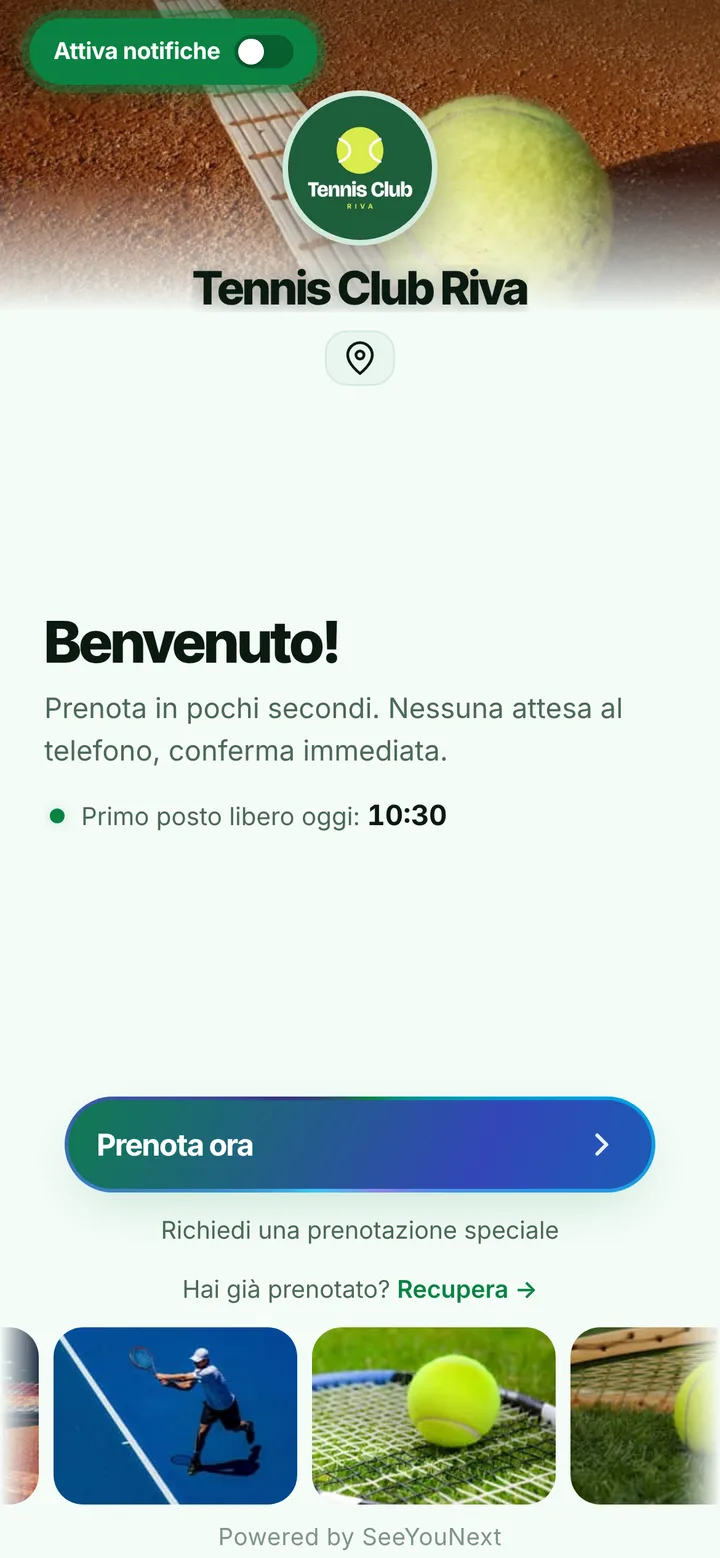 La pagina di prenotazione di un’attività di prova (campi sportivi) aperta dal telefono di un cliente