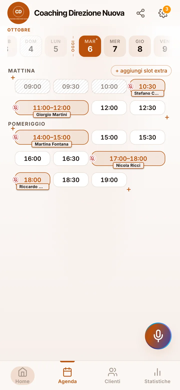 L’agenda del giorno di Coaching Direzione Nuova, con gli orari occupati e quelli liberi