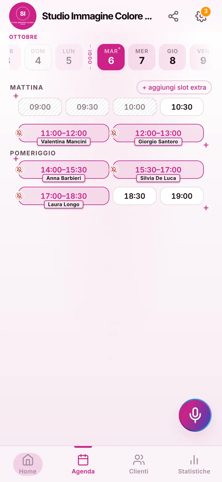 L’agenda del giorno di Studio Immagine Colore e Stile, con gli orari occupati e quelli liberi
