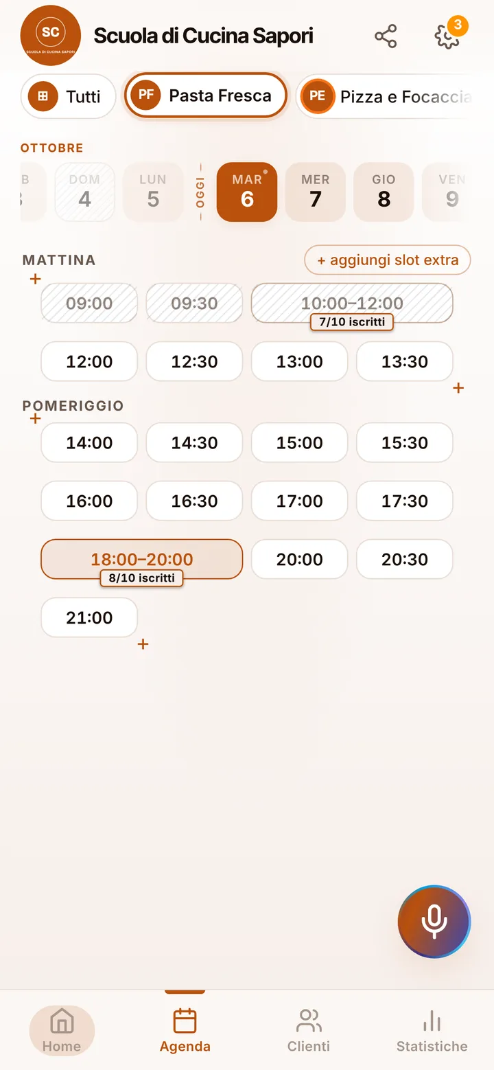 L’agenda del giorno di Scuola di Cucina Sapori, con gli orari occupati e quelli liberi