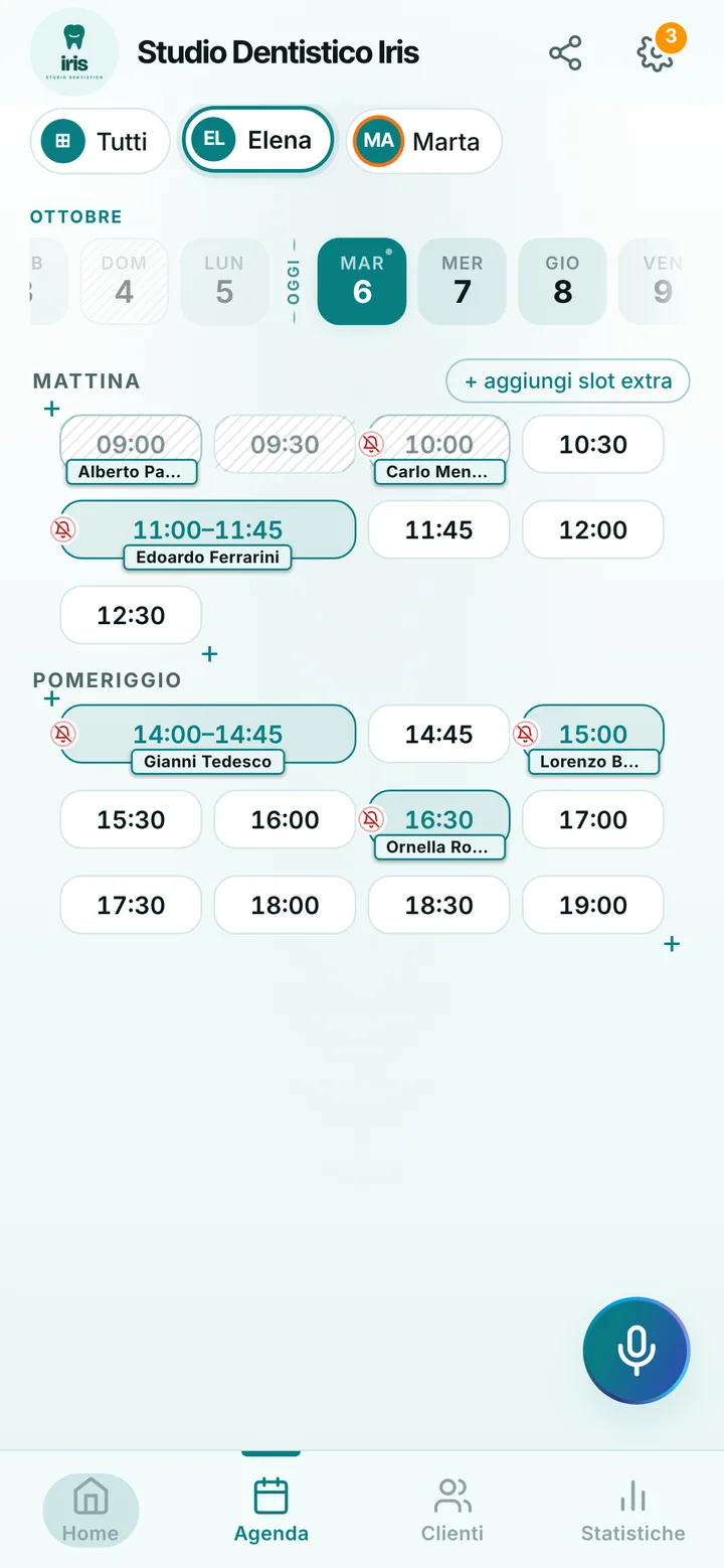 The day’s calendar at Studio Dentistico Iris, with booked and free slots