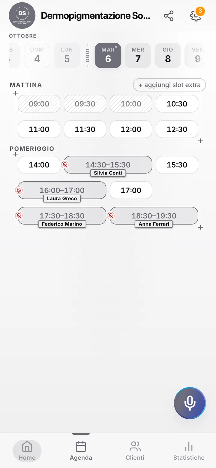 L’agenda del giorno di Dermopigmentazione Sofia Neri, con gli orari occupati e quelli liberi