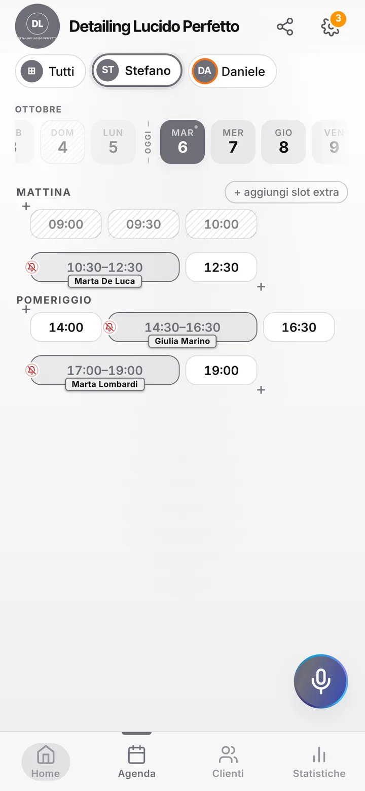 The day’s calendar at Detailing Lucido Perfetto, with booked and free slots