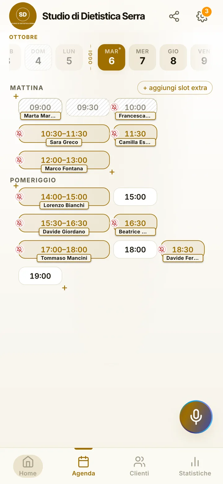 L’agenda del giorno di Studio di Dietistica Serra, con gli orari occupati e quelli liberi