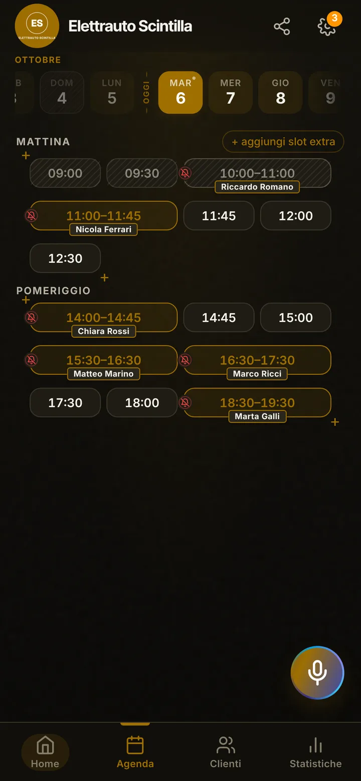 The day’s calendar at Elettrauto Scintilla, with booked and free slots