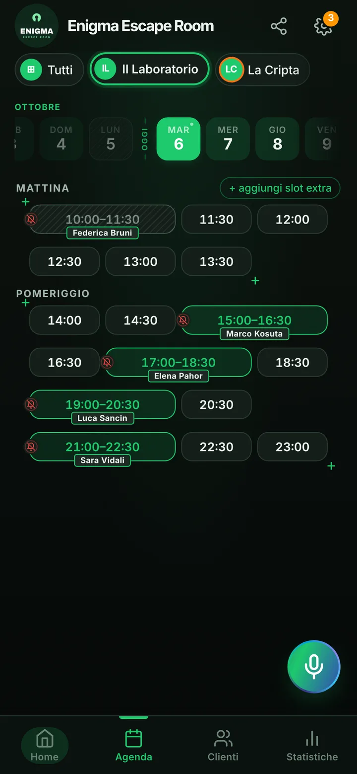 The day’s calendar at Enigma Escape Room, with booked and free slots