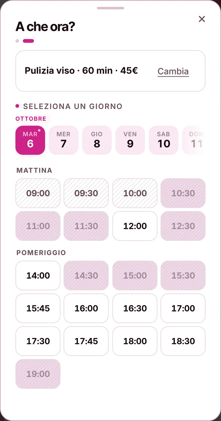 Gli orari liberi del giorno sulla pagina di prenotazione