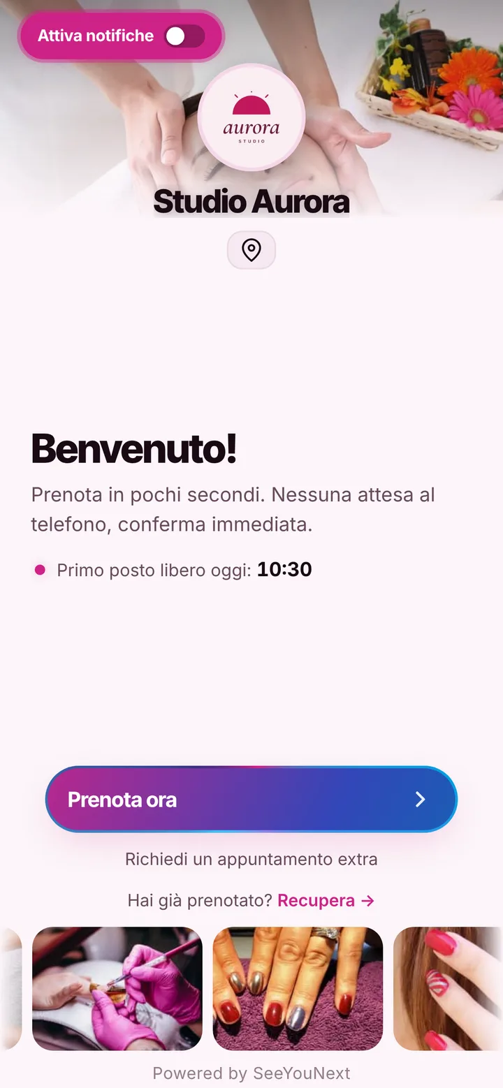La pagina di prenotazione di un’attività di prova (centri estetici e unghie) aperta dal telefono di un cliente
