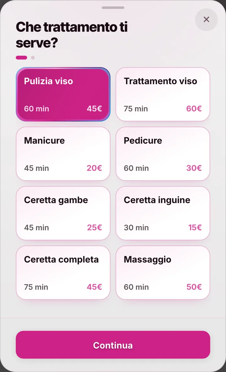 La scelta del servizio, con durata e prezzo