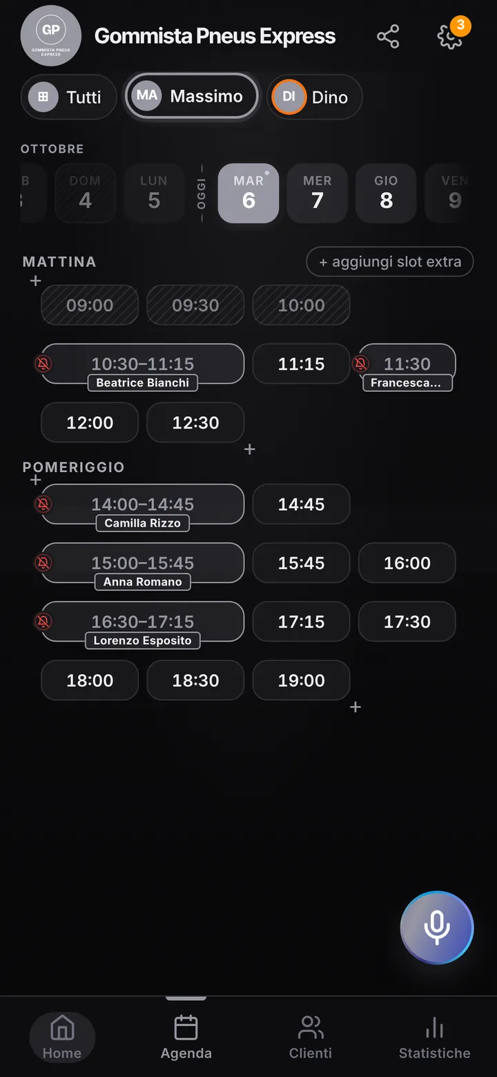 L’agenda del giorno di Gommista Pneus Express, con gli orari occupati e quelli liberi