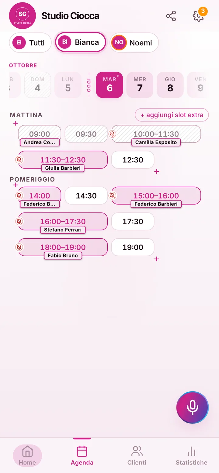L’agenda del giorno di Studio Ciocca, con gli orari occupati e quelli liberi
