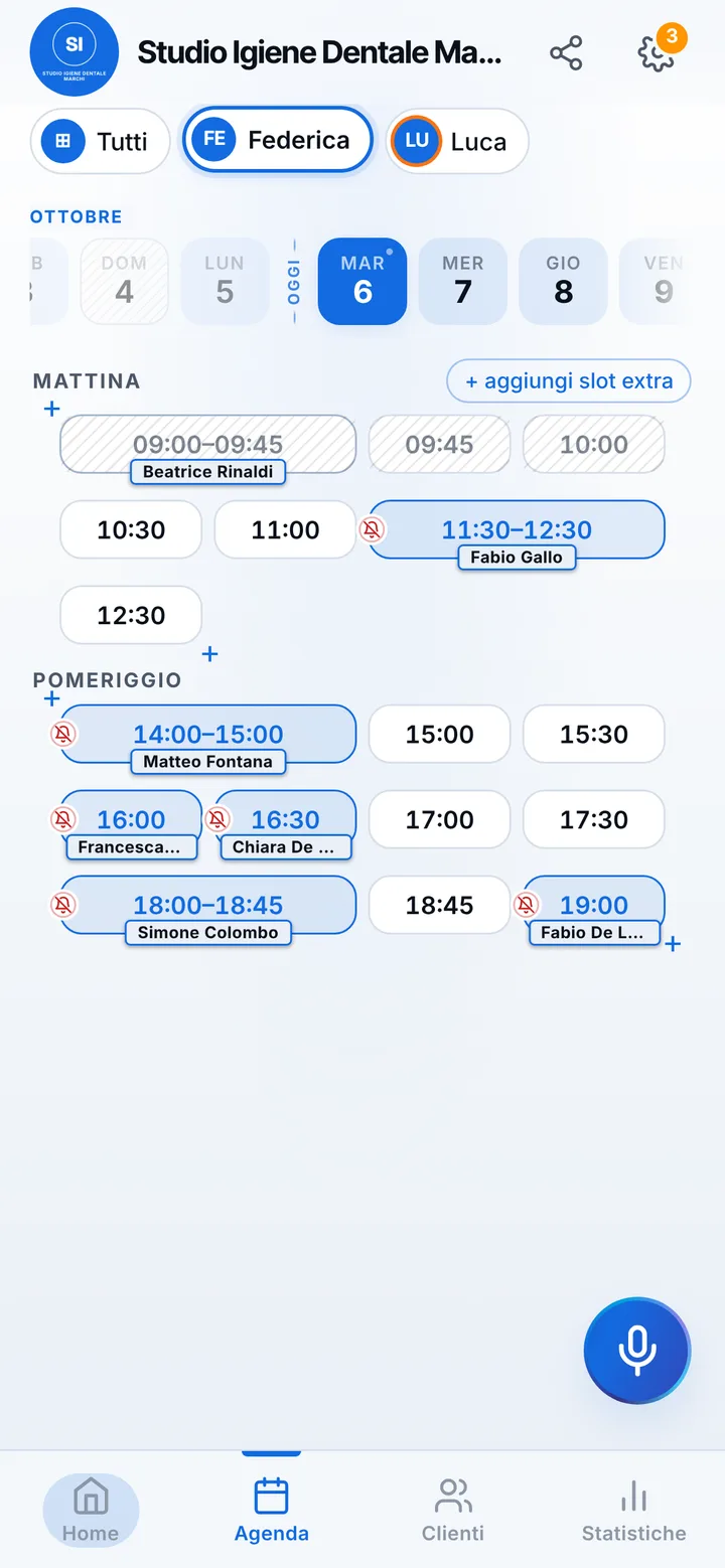 The day’s calendar at Studio Igiene Dentale Marchi, with booked and free slots