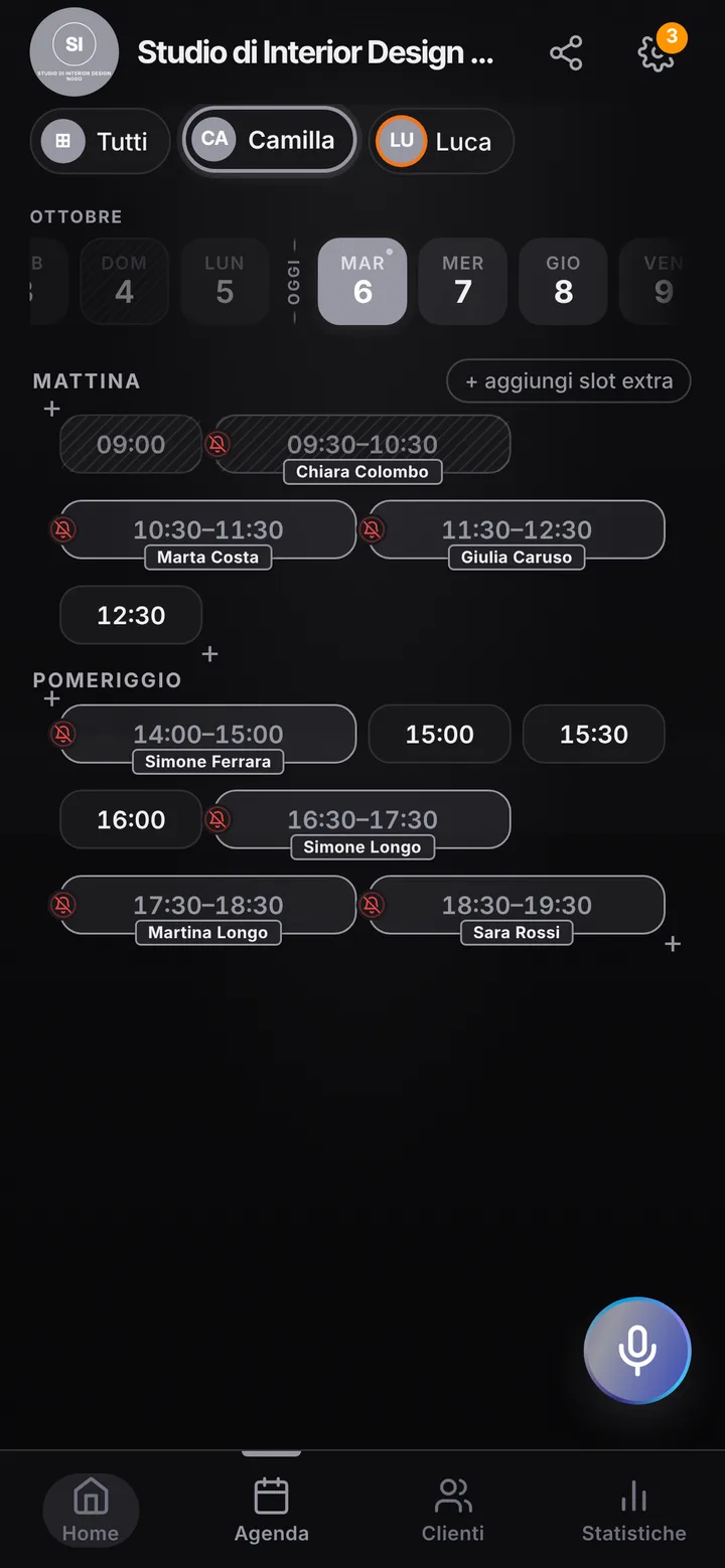 L’agenda del giorno di Studio di Interior Design Nodo, con gli orari occupati e quelli liberi