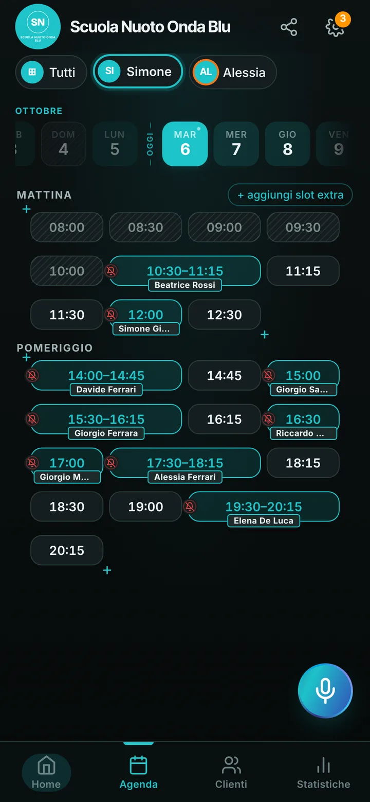 The day’s calendar at Scuola Nuoto Onda Blu, with booked and free slots