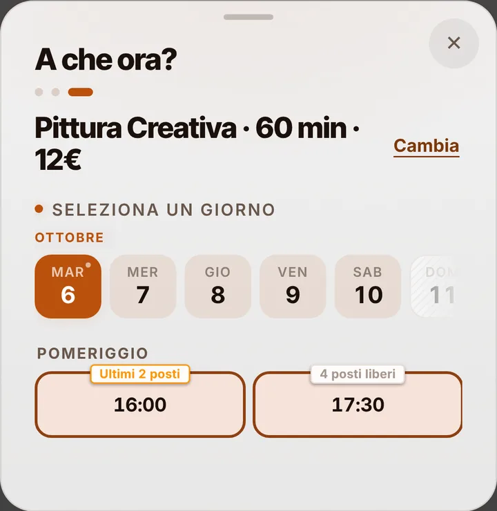 The free slots of the day at Laboratori per Bambini Piccoli Artisti