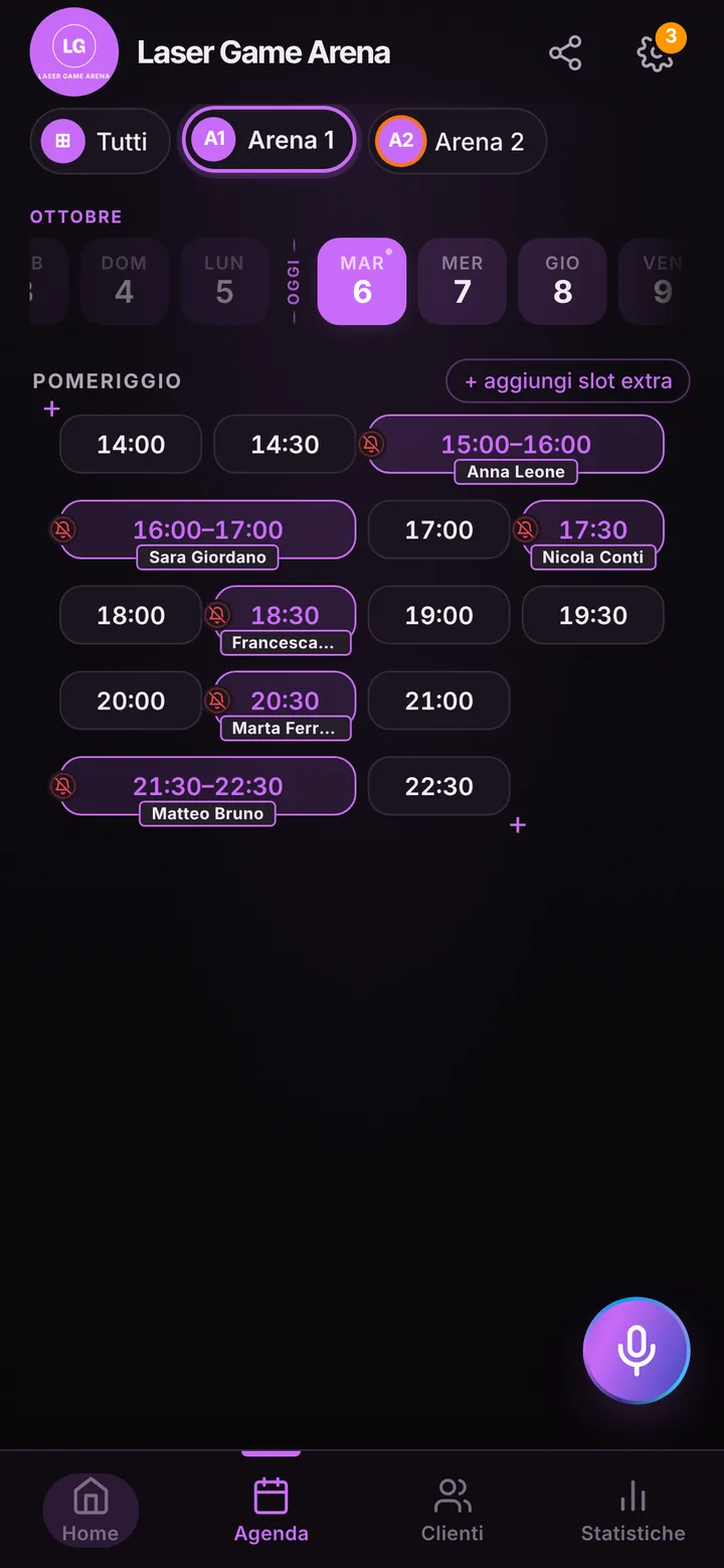 The day’s calendar at Laser Game Arena, with booked and free slots
