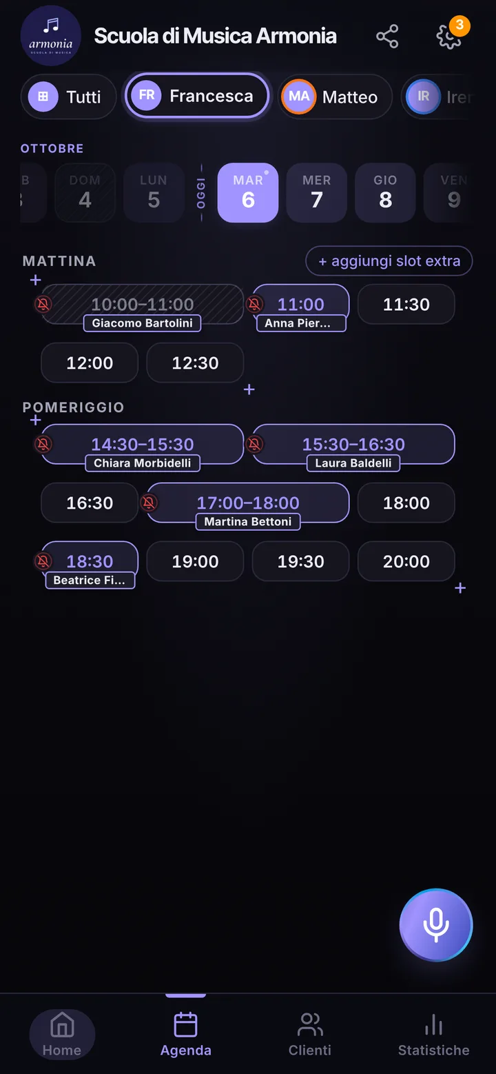 The day’s calendar at Scuola di Musica Armonia, with booked and free slots