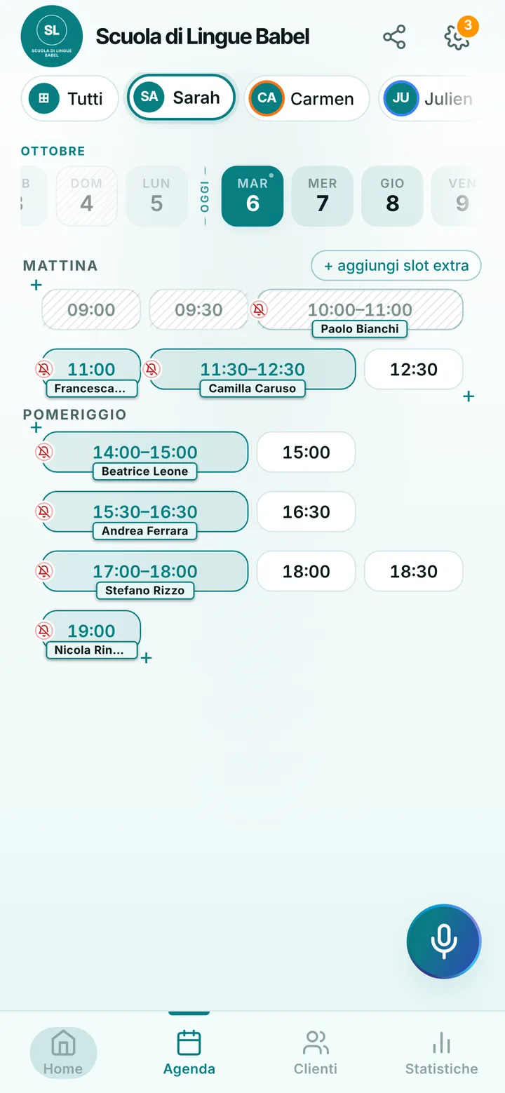 L’agenda del giorno di Scuola di Lingue Babel, con gli orari occupati e quelli liberi