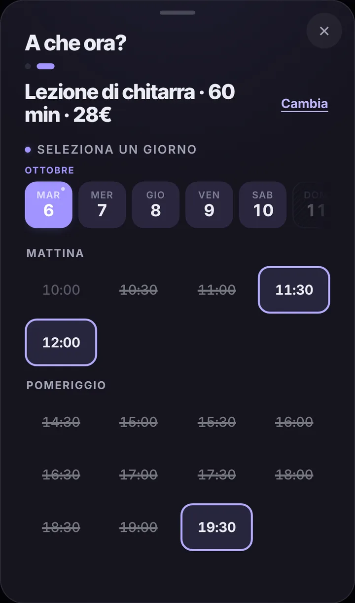 The free slots of the day at Scuola di Musica Armonia