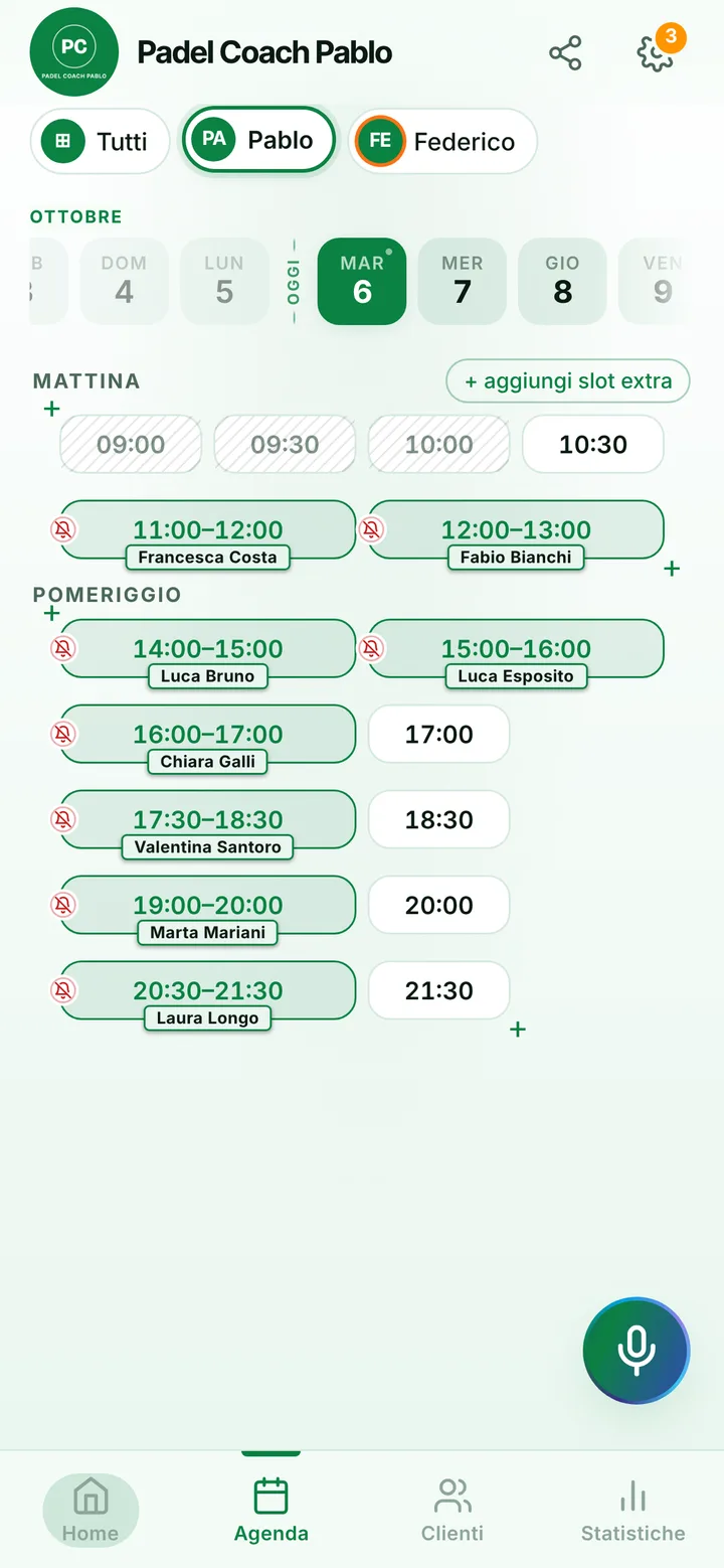 L’agenda del giorno di Padel Coach Pablo, con gli orari occupati e quelli liberi