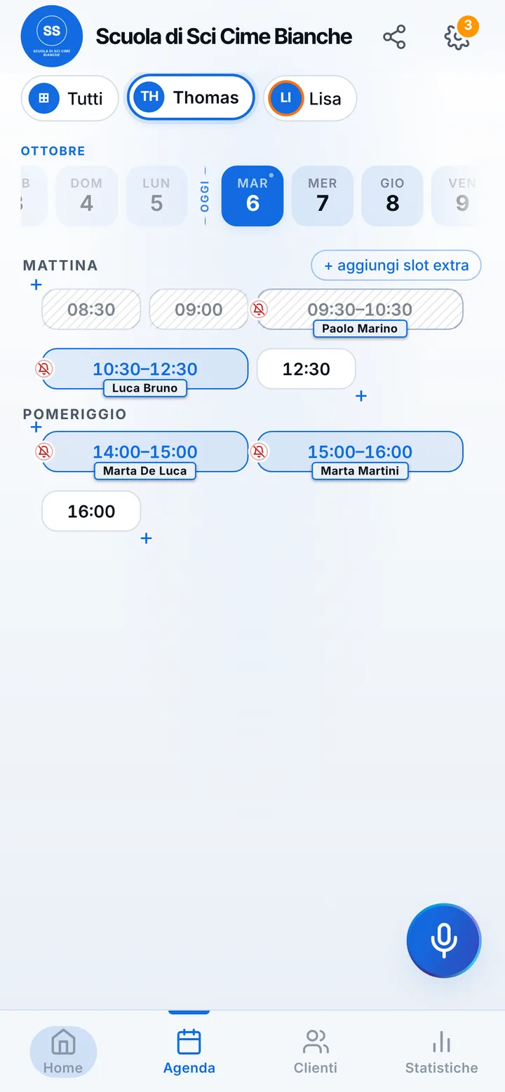 The day’s calendar at Scuola di Sci Cime Bianche, with booked and free slots