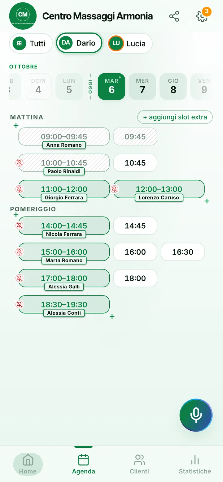 L’agenda del giorno di Centro Massaggi Armonia, con gli orari occupati e quelli liberi