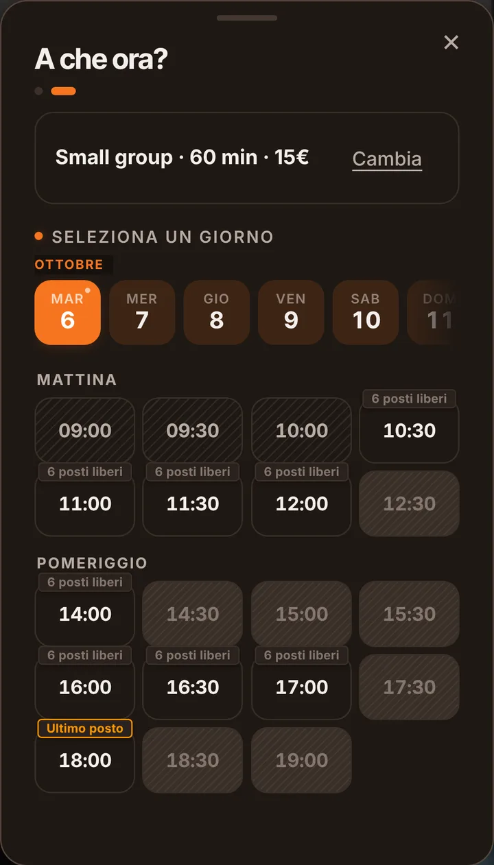 Gli orari liberi del giorno sulla pagina di prenotazione