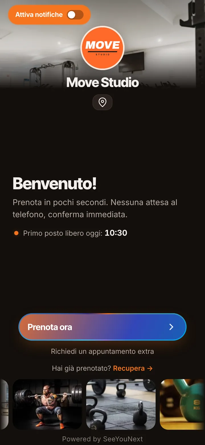 La pagina di prenotazione di un’attività di prova (personal trainer, palestre e corsi) aperta dal telefono di un cliente