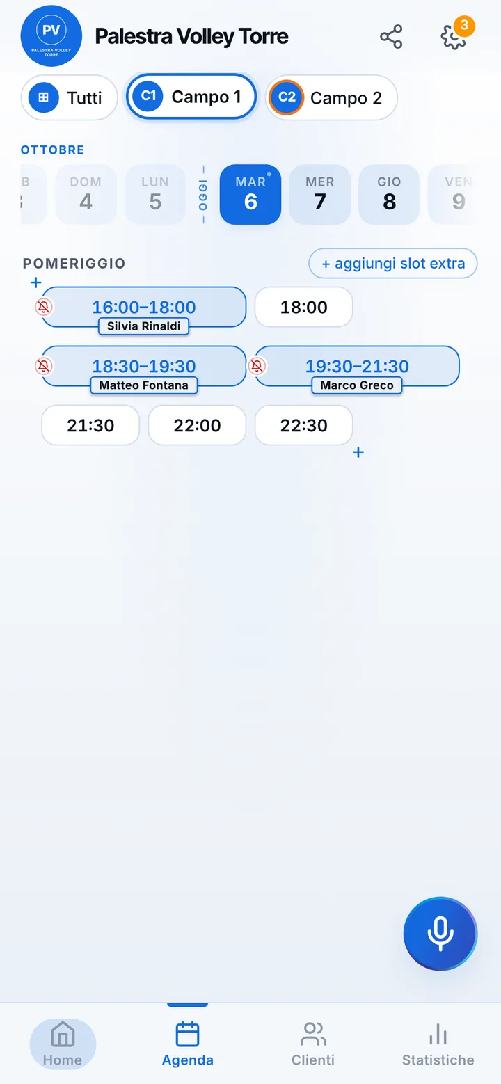 The day’s calendar at Palestra Volley Torre, with booked and free slots