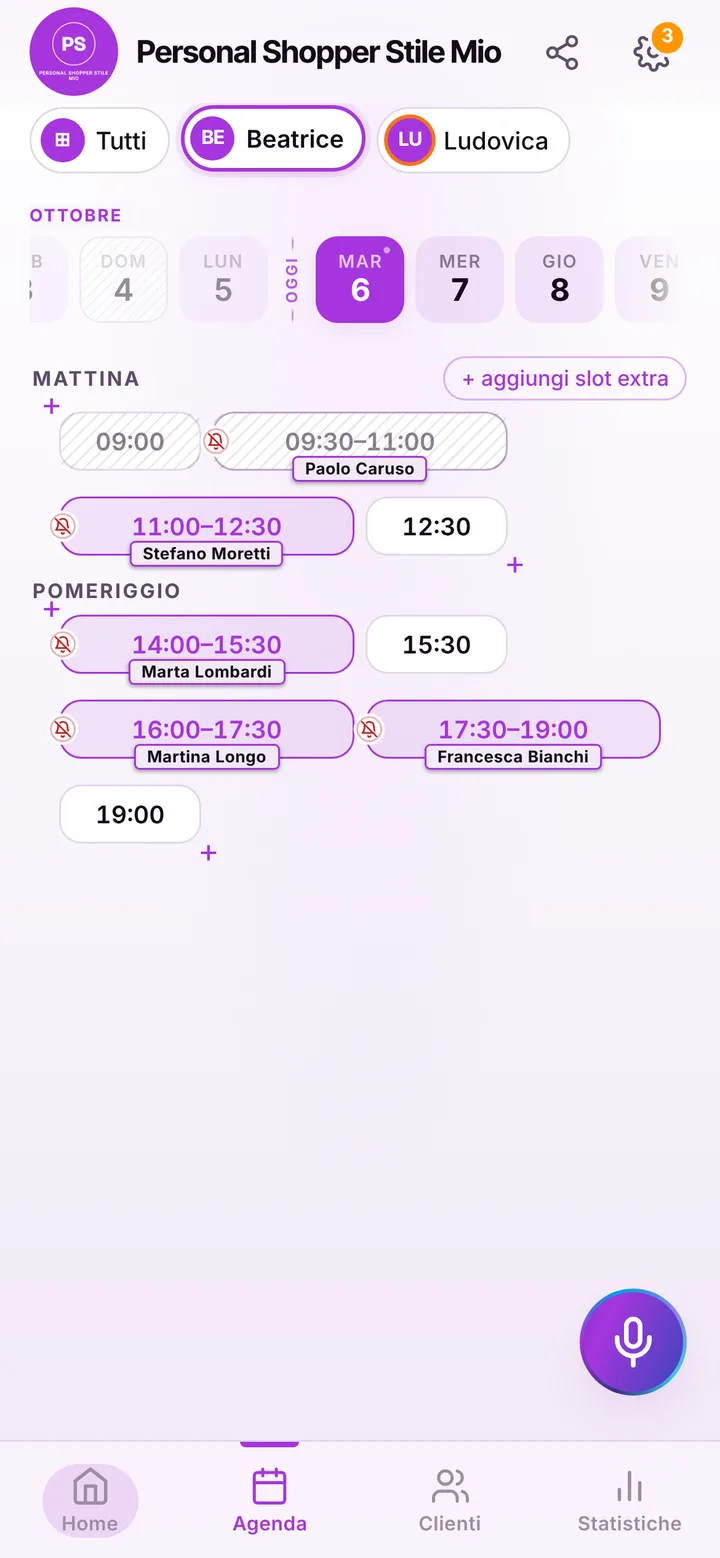 L’agenda del giorno di Personal Shopper Stile Mio, con gli orari occupati e quelli liberi