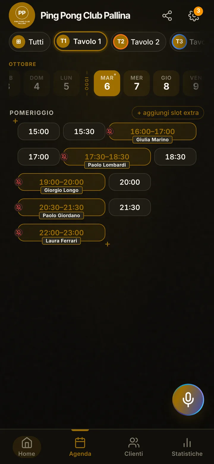 The day’s calendar at Ping Pong Club Pallina, with booked and free slots