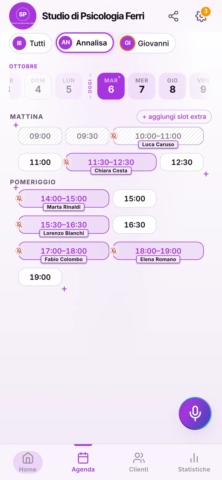 L’agenda del giorno di Studio di Psicologia Ferri, con gli orari occupati e quelli liberi