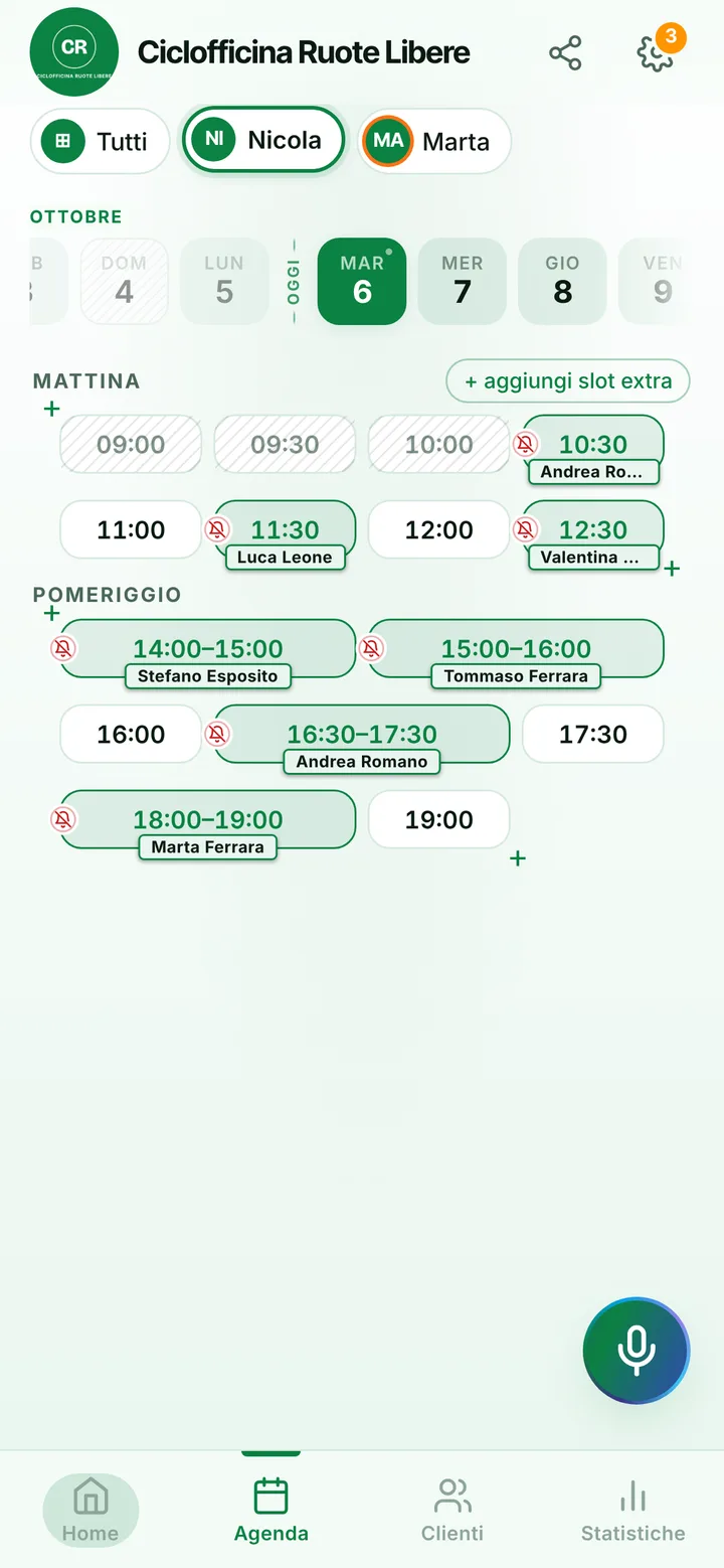 The day’s calendar at Ciclofficina Ruote Libere, with booked and free slots