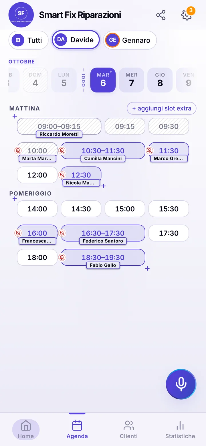 L’agenda del giorno di Smart Fix Riparazioni, con gli orari occupati e quelli liberi